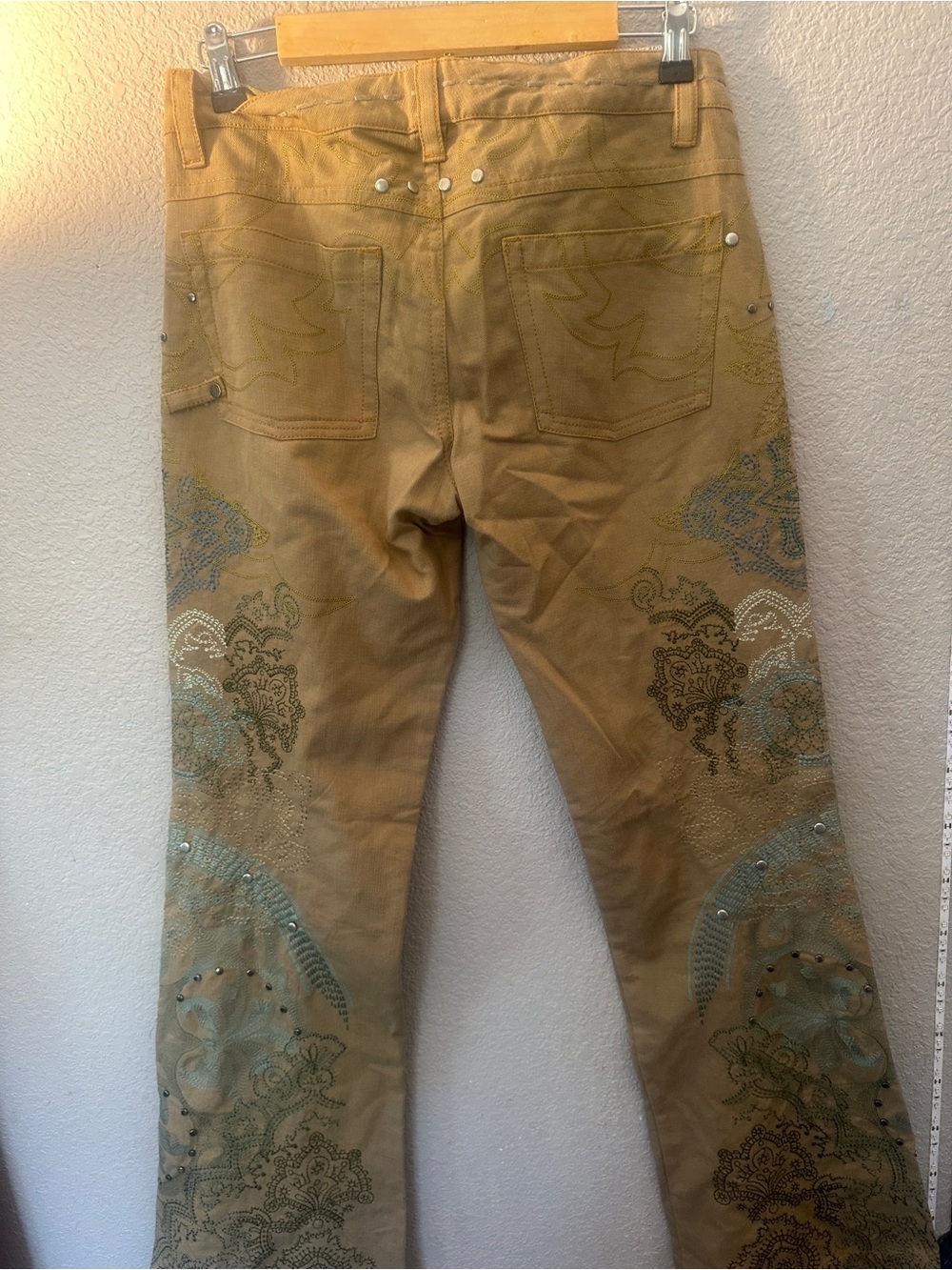 Tan Embroidered Wide-Leg Jeans with Paisley Detail - Picture 2 of 10
